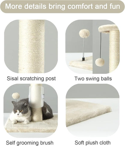 PEEKAB 32" Tall Cat Scratching Post Sisal Rope Scratch Posts with Hanging Ball and Self-Massage Brush Vertical Scratcher for Indoor Cats and Kittens(Beige 32inches) - PAWPICO