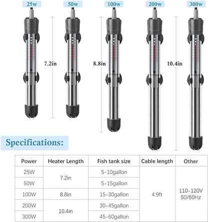 HITOP 25W 50W 100W 200W 300W Adjustable Aquarium Heater, Submersible Fish Tank Heater Thermostat with Suction Cup (50W) HITOP-FocusonAquarium