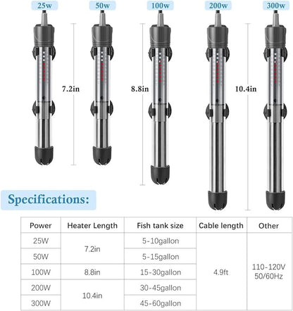 HITOP 50W 100W 300W Adjustable Aquarium Heater, Submersible Fish Tank Heater Thermostat with Suction Cup (300W) HITOP-FocusonAquarium