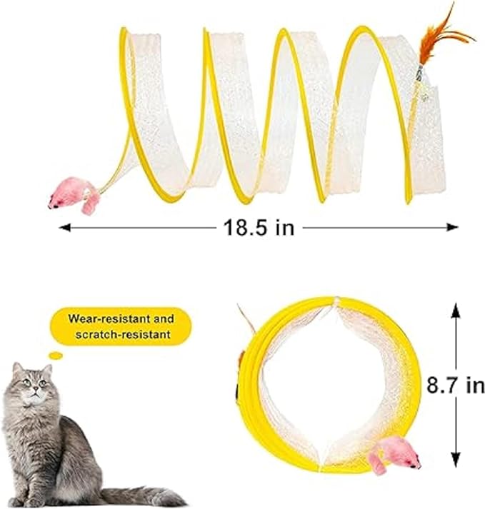 2Pcs Folded Cat Tunnel Toy for Indoor Cats,Collapsible Pet Spring Cat Toys with Feather Mouse Upgrade Interactive Toy Playing Tent for Puppy Kitten Accessories Home Self-Happy Cat Toys (Yellow) - PAWPICO