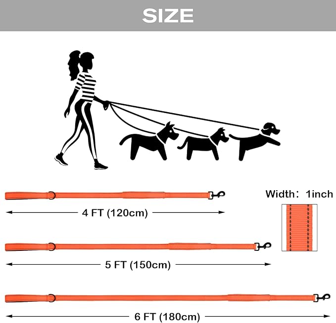 Joytale Dog Leash Heavy Duty for Large Dogs That Pull, Double Handle for Traffic Control, Double-Sided Reflective Leashes for Large Medium Dogs Night Safety, 4FT, Orange Joytale