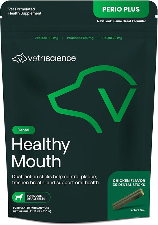 VetriScience Perio Plus Dental Sticks for Dogs - Advanced Dog Breath Freshener - Dual Action Dog Teeth Cleaning Chews for Plaque Control & Fresh Breath, 30 Sticks, Chicken Flavor VetriScienceLaboratories