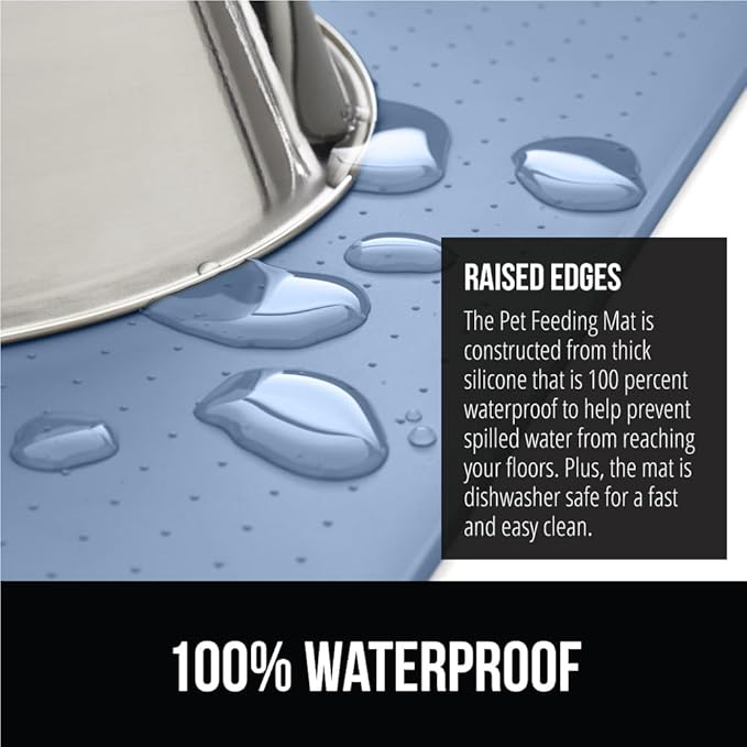 Gorilla Grip 100% Waterproof Raised Edge BPA Free Silicone Pet Feeding Mat, Dog Cat Food Mats Contain Spills Protects Floors, Placemats for Cats and Dogs Water Bowl, Pets Accessories 18.5x11.5 Blue - PAWPICO