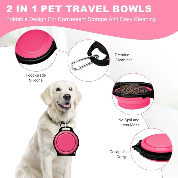 Collapsible Silicone Cat and Dog Travel Bowls,2 in 1 Foldable Pet Feeding and Watering Dish for Walking Camping Hiking with Carabiner (Rose Red) - PAWPICO