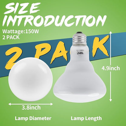 LUCKY HERP Heat Lamp Bulbs - 150W Reptile Heat Lamp 2 Pack, Daylight Basking Heat Lamp Bulbs for Reptile, UVA Heat Light Bulb for Reptiles, Amphibians, Bearded Dragons, Lizards, Turtles, Chickens LUCKYHERP