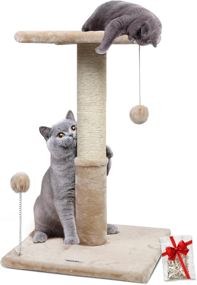 Happi N Pets 26" Cat Scratching Post with Perch, Natural Sisal Scratchers Trees for Indoor Cats, Featuring with Hanging Balls & Cozy Cat Bed, Stable Cat Scratch Posts for Kittens-Beige - PAWPICO