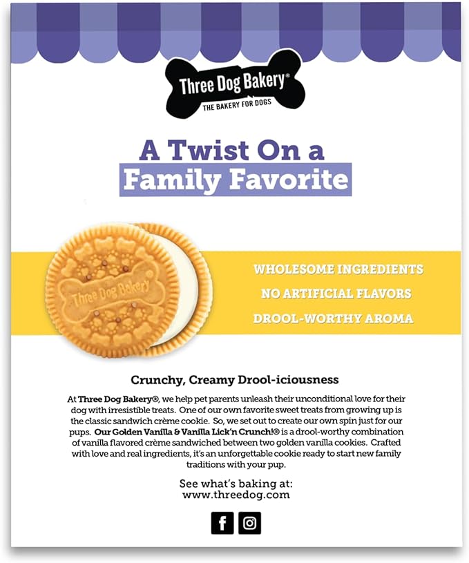 Three Dog Bakery Lick'n Crunch! Sandwich Cookies, Golden & Vanilla Flavor, Premium Treats for Dogs, 13 Ounce Box, 6-Pack, (114060) - PAWPICO