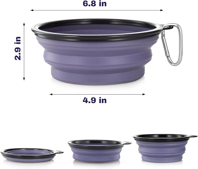 Dog Bowl Pet Collapsible Bowls, 2 Pack Collapsible Dog Water Bowls for Cats Dogs, Portable Pet Feeding Watering Dish for Walking Parking Traveling with 2 Carabiners (Large, Purple & Concrete Gray) - PAWPICO