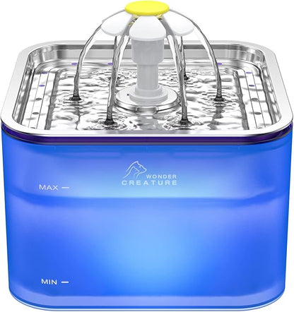 Crystal Cat Water Fountain Stainless Steel, 101oz/3L Pet Fountain with LED Light for Cats and Dogs (Blue) - PAWPICO