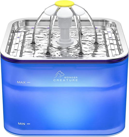 Crystal Cat Water Fountain Stainless Steel, 101oz/3L Pet Fountain with LED Light for Cats and Dogs (Blue) - PAWPICO