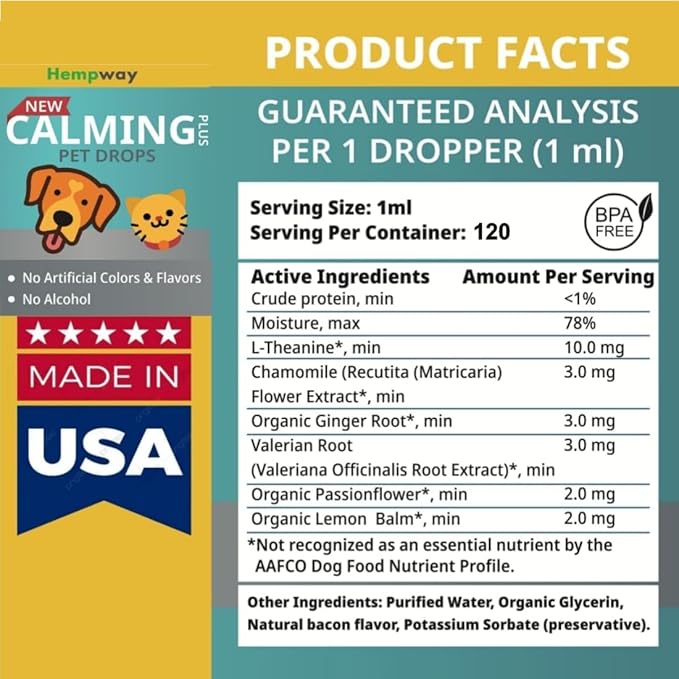Pet Calming Drops - Anti-Separation Natural Dog Cat Calming Formula for Well-Being and Comfort - 120 Servings - Bacon Flavor 4 oz 120 ml HEALTHWELLNESSGUMMIES%7CPOWERUPNATURALLY