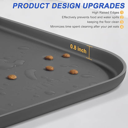 Silicone Pet Feeding Mat with Raised Edge, Dog Cat Bowl Mats for Food and Water, Pet Placemat for Floors Waterproof, 24” x 16” x 0.8” Grey - PAWPICO
