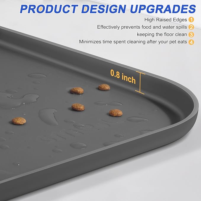Silicone Pet Feeding Mat with Raised Edge, Dog Cat Bowl Mats for Food and Water, Pet Placemat for Floors Waterproof, 22” x 14” x 0.8” Grey - PAWPICO