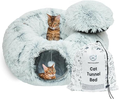 Large Cat Tunnel Bed for Indoor Cats Warm Fluffy Plush Cat Cave Tunnel Bed Collapsible, Washable, 3 Way and Multifunctional with Dangling Balls for Cats, Kittens and Rabbits- Gray - PAWPICO
