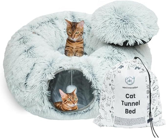 Large Cat Tunnel Bed for Indoor Cats Warm Fluffy Plush Cat Cave Tunnel Bed Collapsible, Washable, 3 Way and Multifunctional with Dangling Balls for Cats, Kittens and Rabbits- Gray - PAWPICO