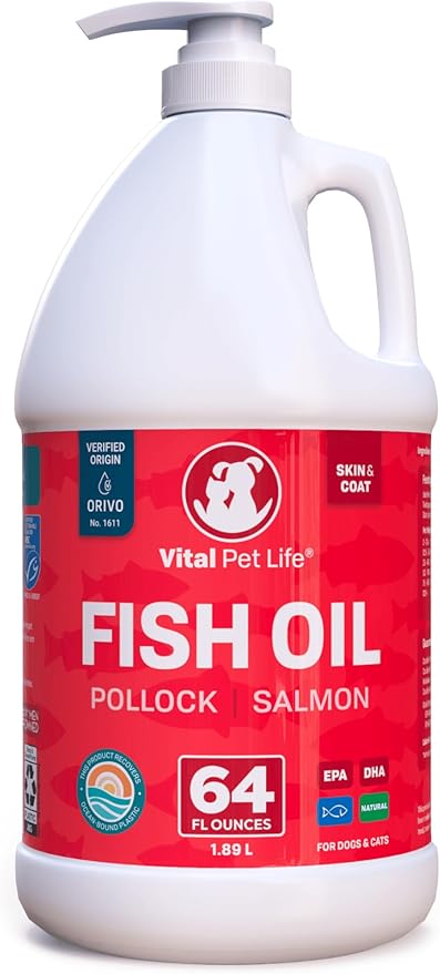 Fish Oil for Dogs - Healthy Skin & Coat, Salmon, Pollock, All Natural Supplement for Pets, Itching Scratching Allergy & Inflammation Defense, Omega 3 EPA DHA, Brain & Heart Health, 64 oz VitalPetLife