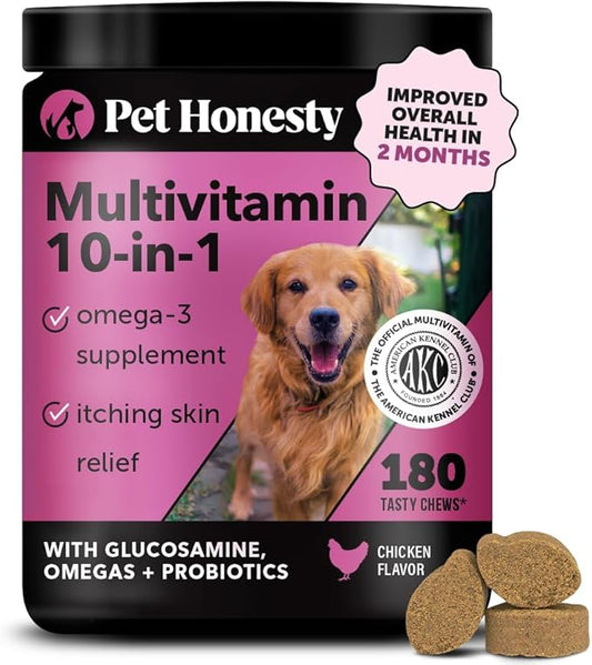 Pet Honesty Dog Multivitamin - 10 in 1 Dog Vitamins for Health & Heart - Fish Oil for Dogs, Glucosamine, Probiotics, Omega Fish Oil - Dog Vitamins and Supplements for Skin and Coat (Chicken 180 ct) PetHonesty