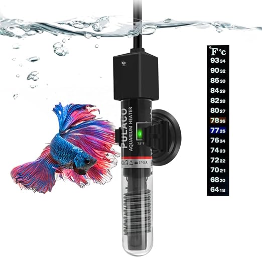 PULACO 25W Small Aquarium Submersible Betta Heater with Free Thermometer Strip, Under 6 Gallon Fish Tanks (Preset Temperature 78℉) PULACO