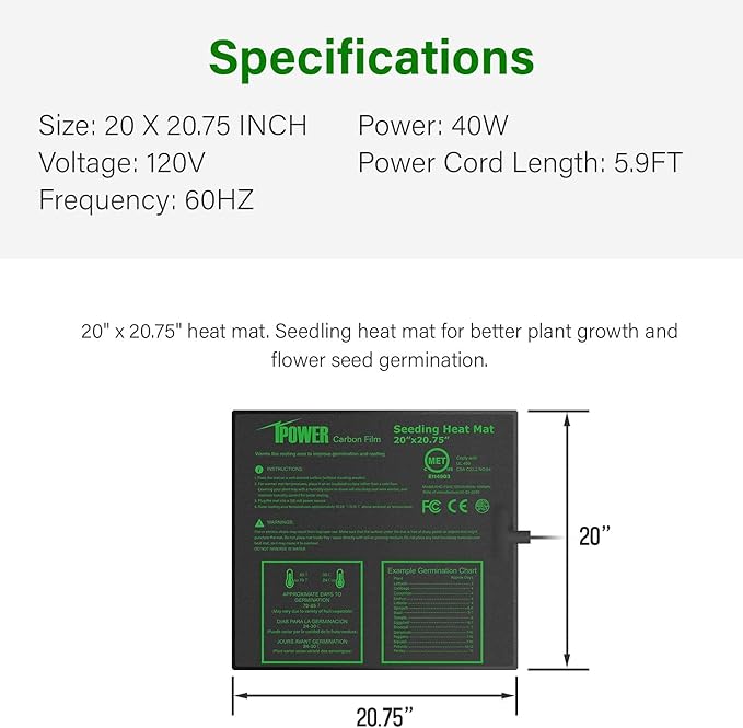 iPower 20" x 20" Waterproof Durable Seedling Heat Mat with Controller Warm Hydroponic Plant for Indoor Gardening Germination Starting iPower