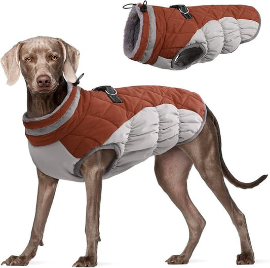 FUAMEY Dog Coat,Warm Dog Jacket Winter Coat Paded Dog Fleece Vest Reflective Dog Cold Weather Coats with Built in Harness Waterproof Windproof Dog Snow Jacket Clothes with Zipper Brown XXX-Large - PAWPICO