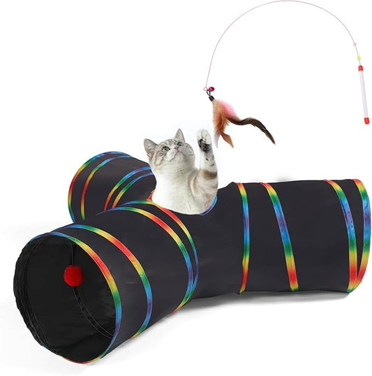 LUCKITTY Cat Tunnels Tube Toy with Plush Ball & Cat Wand Toy and Feather Toys-Portable Tattaff Waterproof Washable-Interesting Geometric Pattern Collapsible-3 Way Black Rainbow - PAWPICO