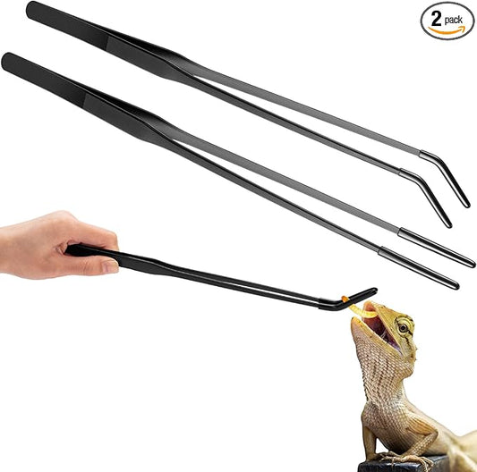 Lasnten 2 Pcs Extra Long Stainless Steel Reptile Feeding Tongs with Rubber Tip Bearded Dragon Aquarium Straight and Curved Long Tweezer Terrarium Feeder Tool for Tank(Black, 15 Inch) Lasnten