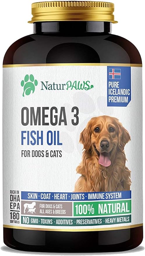 Omega 3 Fish Oil Supplement for Dogs and Cats - 1000 mg Pure DHA and EPA Omegas - Supports Healthy Coat and Skin, Heart, Immune System, Joints and Hip - 180 softgels NATURPAWS