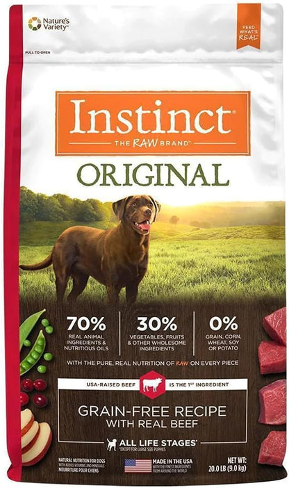 Instinct Dog Food, Grain Free Dog Food Dry, High Protein, Raw Coated Dog Food, Dog Kibble, Original Real Beef, 20 lb. Bag - PAWPICO