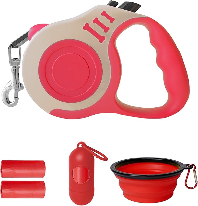 Retractable Dog Leash Automatic Telescopic Tractor Dog Tape, Pet Tape 10/16 FT Durable and Convenient, with Folding Bowl, Dispenser, Rubbish Bags, Suitable for Small and Medium Dogs LIEVUIKEN