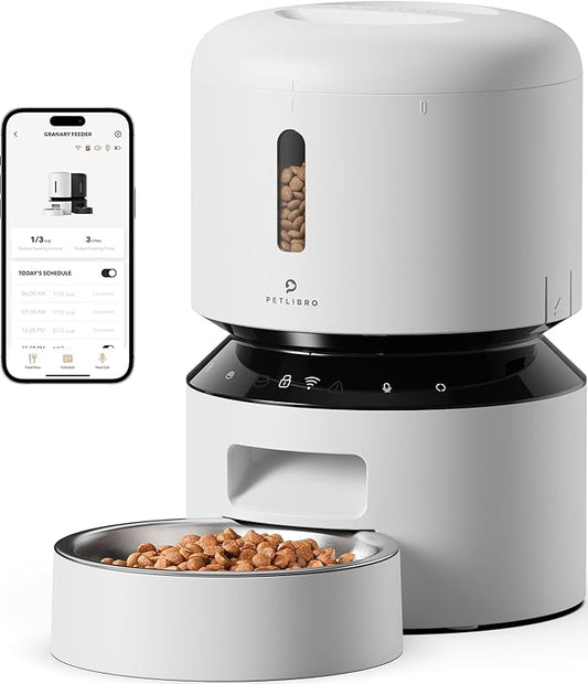 PETLIBRO Automatic Cat Feeder, 5G WiFi Automatic Pet Feeder with Freshness Preservation, 3L Timed Cat Feeders for Dry Food, Up to 48 Portions 10 Meals Per Day, Granary Pet Feeder for Cat/Dog, White - PAWPICO