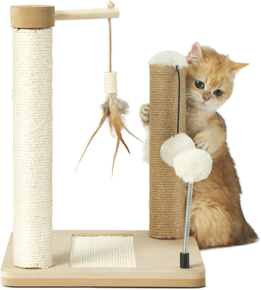PAWSFANS Small Cat Scratching Post Toys,Sisal Jute 2 Scratch Posts for Kittens and Cats,Hanging Ball with Feather Spring Ball 16inches Beige - PAWPICO