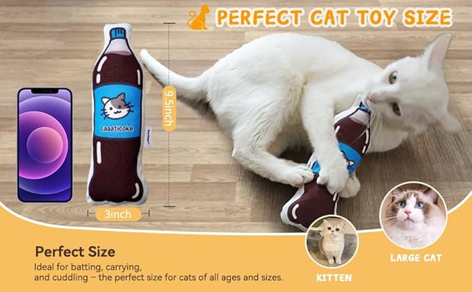 Large Size Premium Catnip Toy - 100% Original - Durable and Easy Clean - Crinkly & Squishy - Cat Gift - Cola Coke Size of Cats - Self Play for High Energy Indoor Cats - PAWPICO