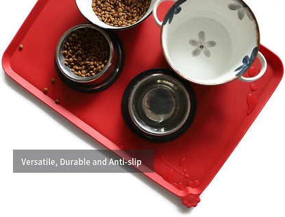 Hoki Found Large Silicone Pet Food Mats Tray - Non Slip Pet Dog Cat Bowl Mats Placemat - Dog Pet Cat Feeding Mat - Waterproof Dog Cat Food Mats -Pet Water Mats for Carpet -Classic Red - PAWPICO