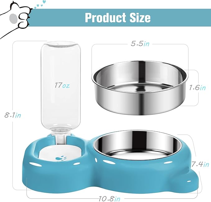 Dog Bowls, Cat Food and Water Bowl Set with Water Dispenser and Stainless Steel Bowl for Cats and Small Dogs - Blue - PAWPICO