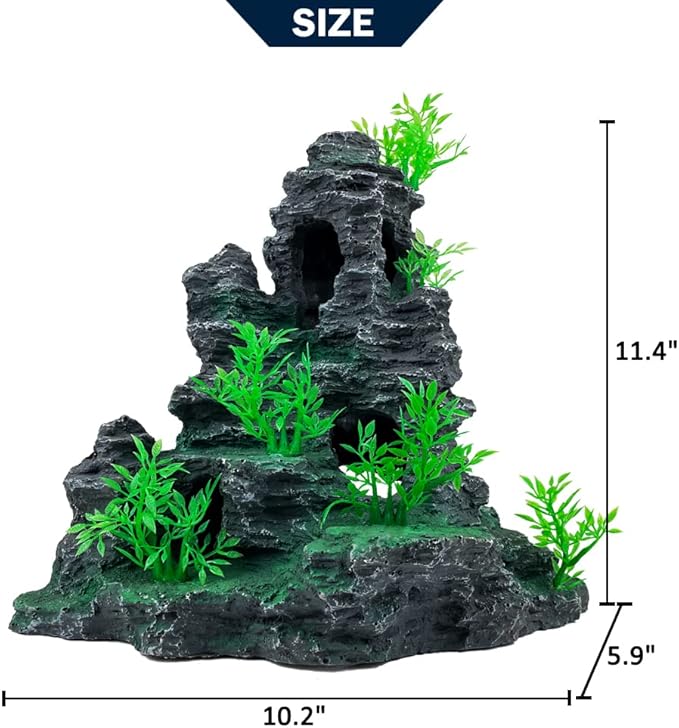 Aquarium Decoration Large and Tall for Fish Tank Rock Thematic Ornaments Aquarium Mountain View Stone Ornaments Aquarium Decor Tree House Cave Fish Tank Decorations - Large VMCN