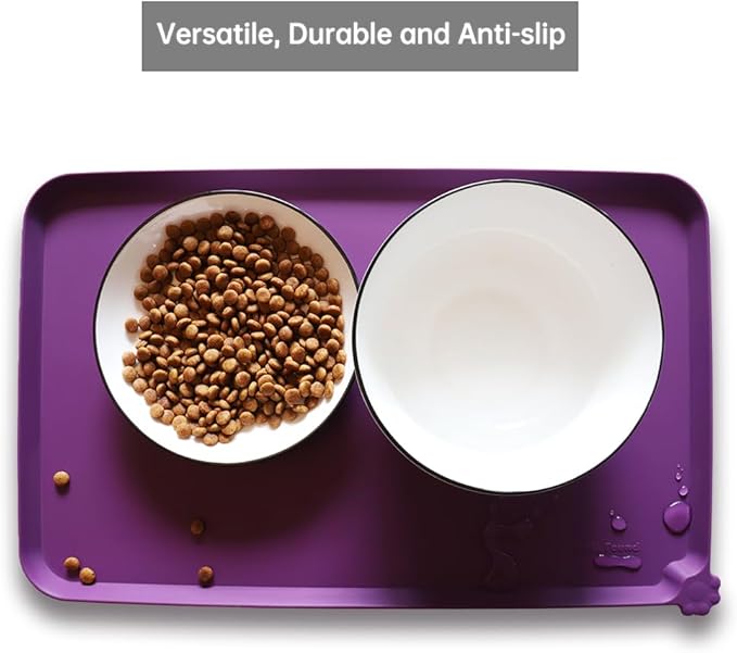 Hoki Found Waterproof Pet Feeding Mats with High Lips, Multiple Size and Colors for Dogs, Cats & Others -Eggplant - PAWPICO