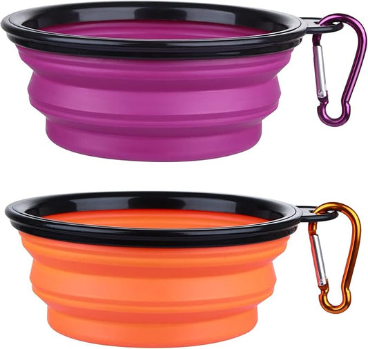 Dog Bowl Pet Collapsible Bowls, 2 Pack Collapsible Dog Water Bowls for Cats Dogs, Portable Pet Feeding Watering Dish for Walking Parking Traveling with 2 Carabiners (Small, Orange+Purple) - PAWPICO