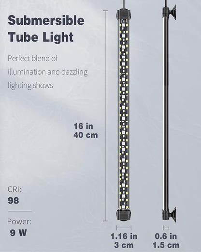 Pawfly 8 W Aquarium LED Light 16 Inch 24/7 Fish Tank Light with Full Spectrum IPX8 Waterproof Light Multi-Colored LEDs with D/N Mode Single Color Effects Timer and Adjustable Brightness Pawfly