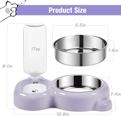 Dog Bowls, Cat Food and Water Bowl Set with Water Dispenser and Stainless Steel Bowl for Cats and Small Dogs - Purple - PAWPICO