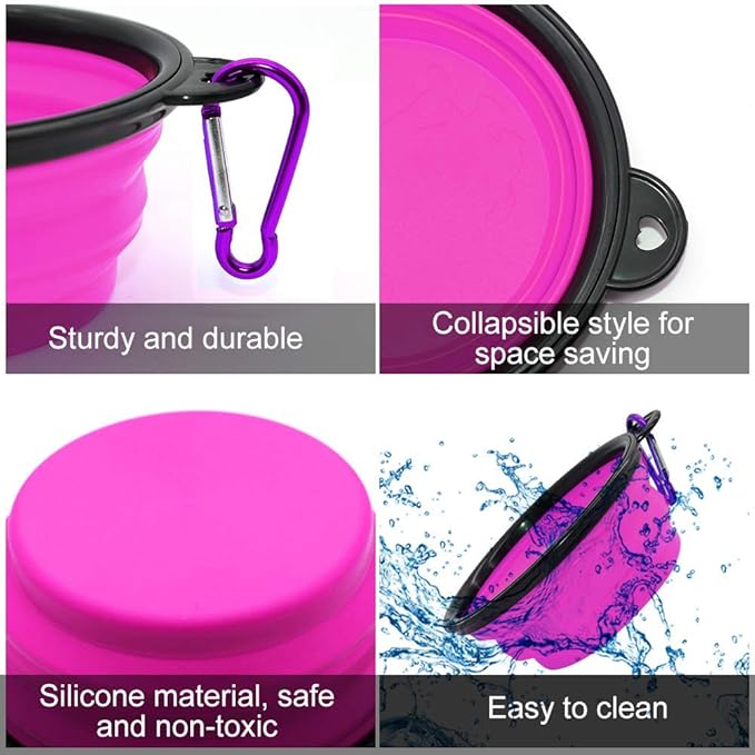 Dog Bowl Pet Collapsible Bowls, 2 Pack Collapsible Dog Water Bowls for Cats Dogs, Portable Pet Feeding Watering Dish for Walking Parking Traveling with 2 Carabiners (Small, Green+Purple) - PAWPICO