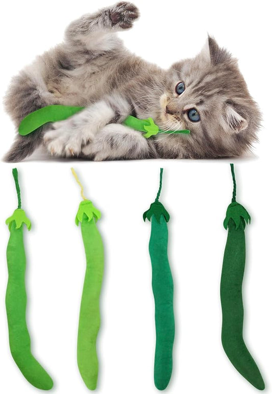 CiyvoLyeen Catnip Toy, Green Bean Cat Toys Kitten Supplies Interactive Kicker Vegetables Vegan Dental Health Teething Chew Gift for Cat Lovers Indoor 4PCS - PAWPICO