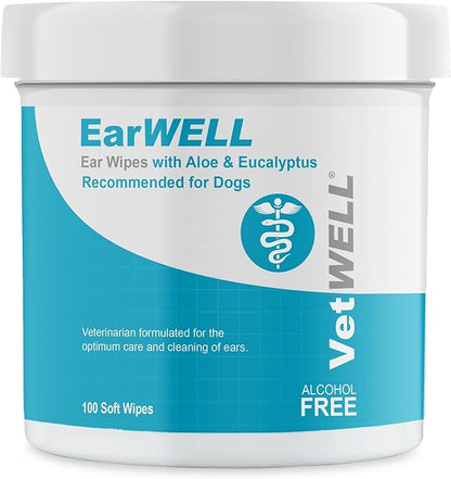 Dog Ear Wipes - Otic Cleaning Wipes for Infections and Controlling Ear Infections and Ear Odor in Pets - EarWELL by VetWELL - 100 Count VetWELL