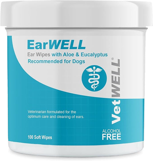 Dog Ear Wipes - Otic Cleaning Wipes for Infections and Controlling Ear Infections and Ear Odor in Pets - EarWELL by VetWELL - 100 Count VetWELL
