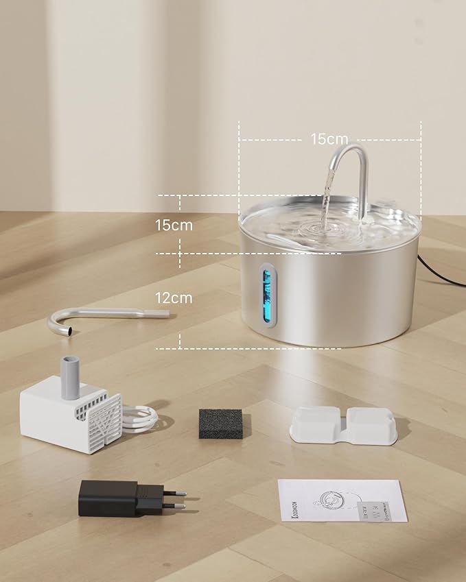 Cat Water Fountain Stainless Steel: 74oz/2.2L Cat Fountain for Drinking - Pet Water Fountain for Cats Inside - Automatic Cat Water Dispenser Bowl - Cat Feeding & Watering Supplies 6 Filters 3 Sponges - PAWPICO