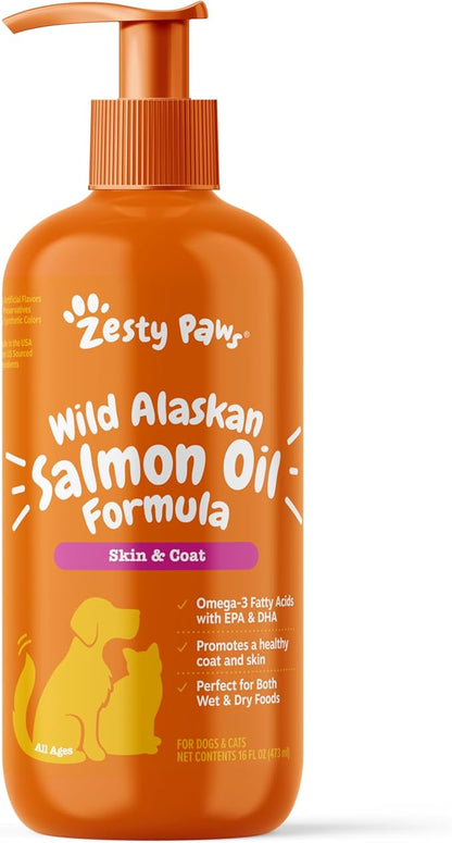 Wild Alaskan Salmon Oil Formula for Dogs & Cats - Omega 3 Skin & Coat Support - Liquid Food Supplement for Pets - Natural EPA + DHA Fatty Acids for Joint Function, Immune & Heart Health 16oz ZestyPaws