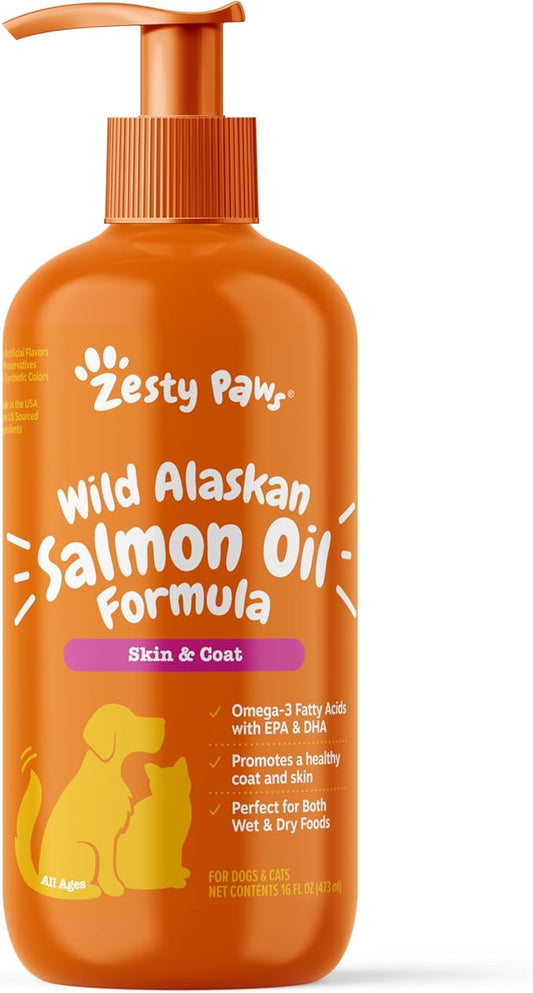Wild Alaskan Salmon Oil Formula for Dogs & Cats - Omega 3 Skin & Coat Support - Liquid Food Supplement for Pets - Natural EPA + DHA Fatty Acids for Joint Function, Immune & Heart Health 16oz ZestyPaws