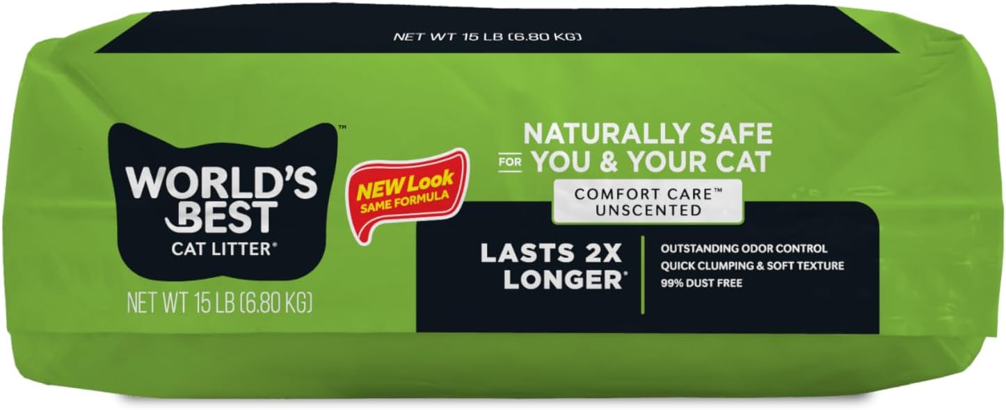 WORLD'S BEST CAT LITTER Comfort Care Unscented 15-Pounds - Natural Ingredients, Quick Clumping, Flushable, 99% Dust Free & Made in USA - Long-Lasting Odor Control & Easy Scooping - PAWPICO