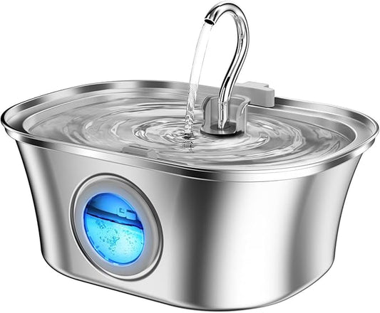 Stainless Steel Cat Water Fountain, 108oz/3.2L Cat Water Fountain with Filter, Automatic Cat Water Fountain with Ultra-Silent Pump, Water Level Window, Cat Feeding & Watering Supplies - PAWPICO