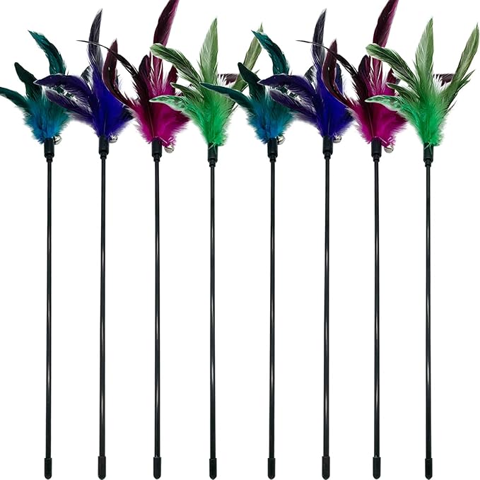 Cat Wand Toy Feather Stick Cat Toys, 8 PCS Cat Feather Wand Toys, Interactive Cat Toy Feather Wand for Indoor Cats - PAWPICO