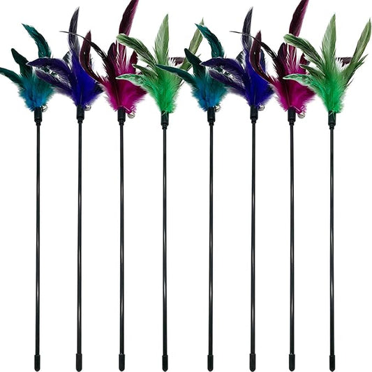 Cat Wand Toy Feather Stick Cat Toys, 8 PCS Cat Feather Wand Toys, Interactive Cat Toy Feather Wand for Indoor Cats - PAWPICO